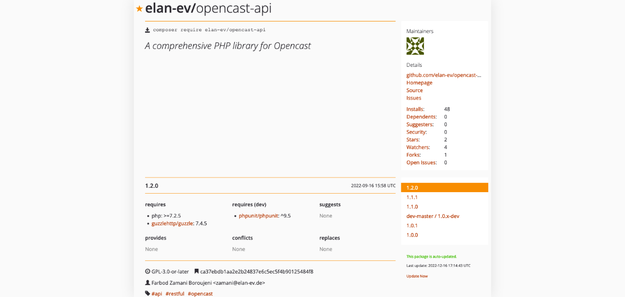 Screenshot of the opencast PHP library in the packagist.org repo
