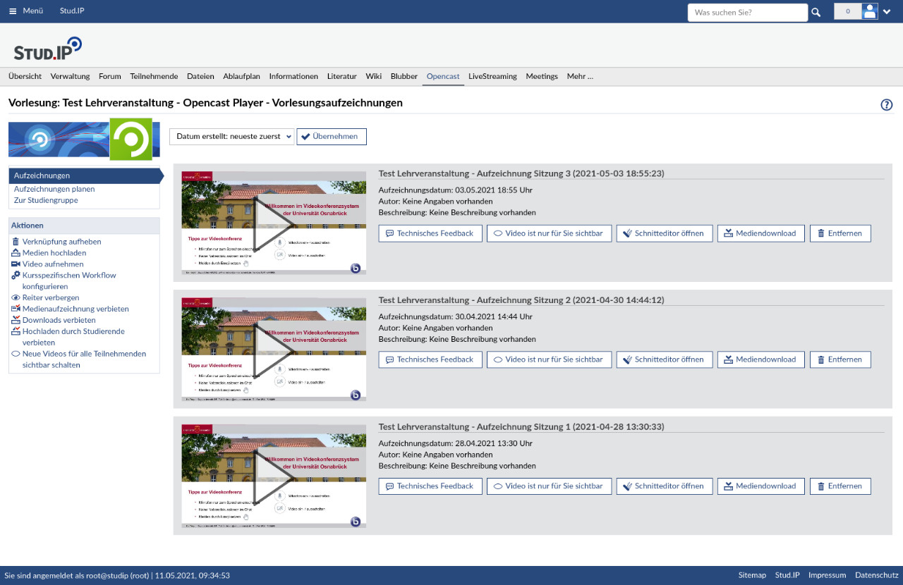 Screenshot des Opencast Plugins in StudIP